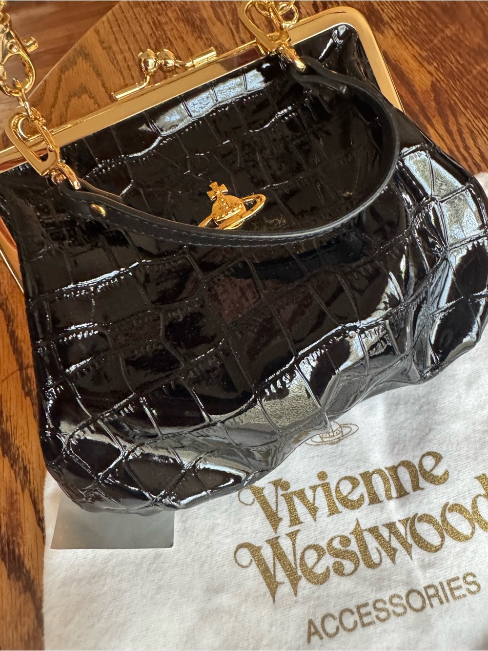 Vivienne Westwood Black Patent Croc-Embossed Frame Clutch with Gold Hardware